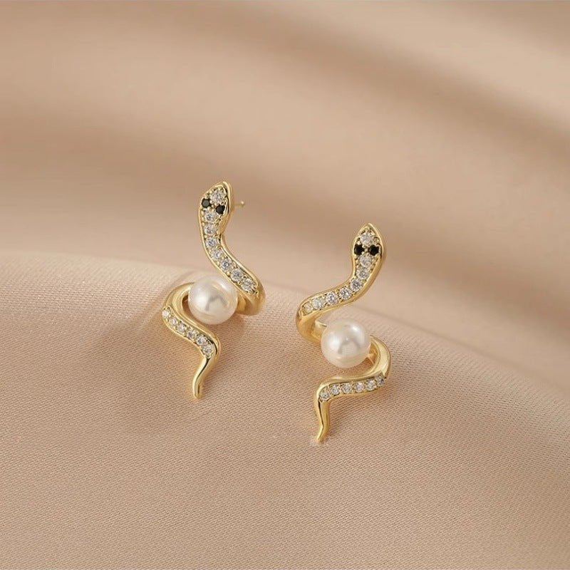 Exquisite Full Rhinestone Zircon Simulated Snakes Bead Stud Earrings For Women