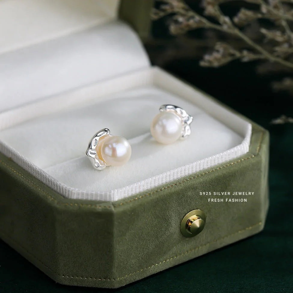S925 Sterling Silver Lava Texture Pearl Stud Earrings For Women