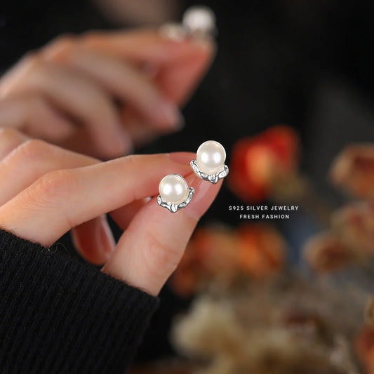 S925 Sterling Silver Lava Texture Pearl Stud Earrings For Women