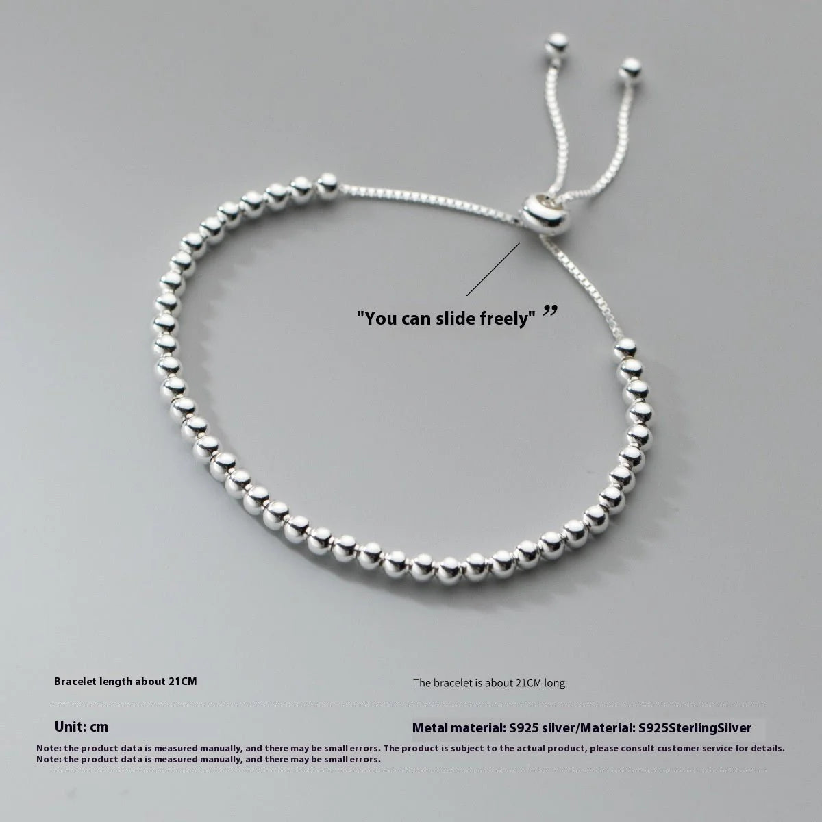 S925 Sterling Silver Light Bead Adjustable Bracelet
