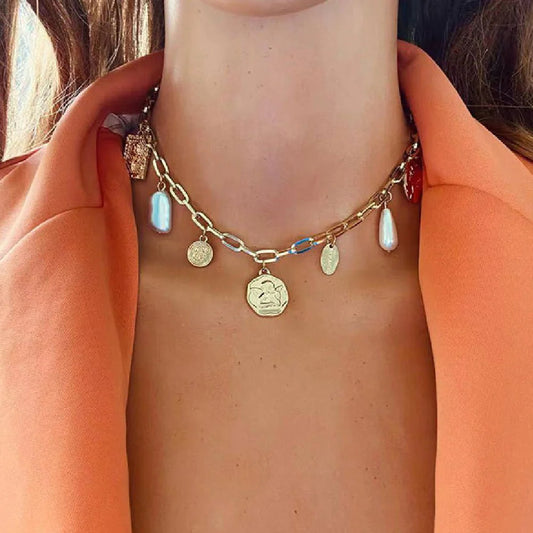 Vintage Alloy Square Plate Pendant Necklace